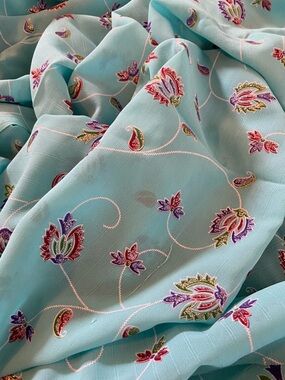 Light Blue Floral Chiffon Sheer Fabric Glitter Printed ~2.5yd DIY Craft Art Sew